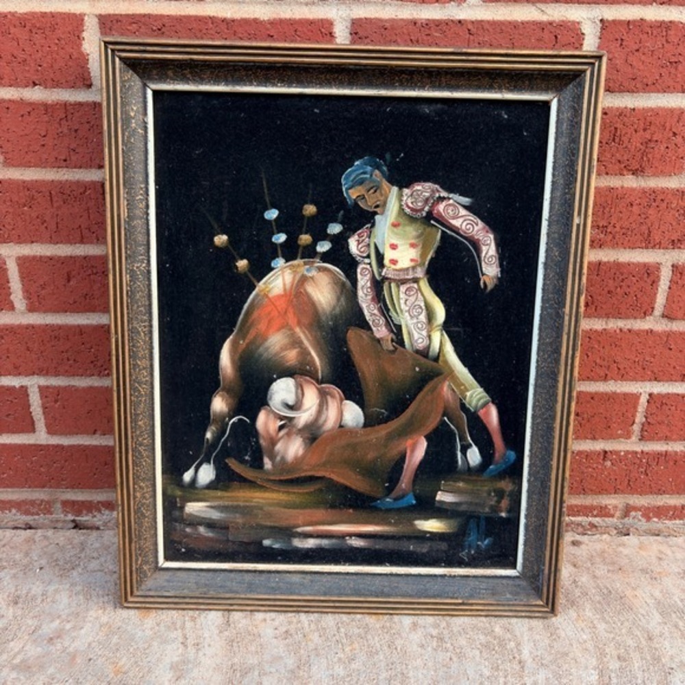 Vintage Black Velvet Painting Matador Bullfighter Bull Signed AL Framed 16x20